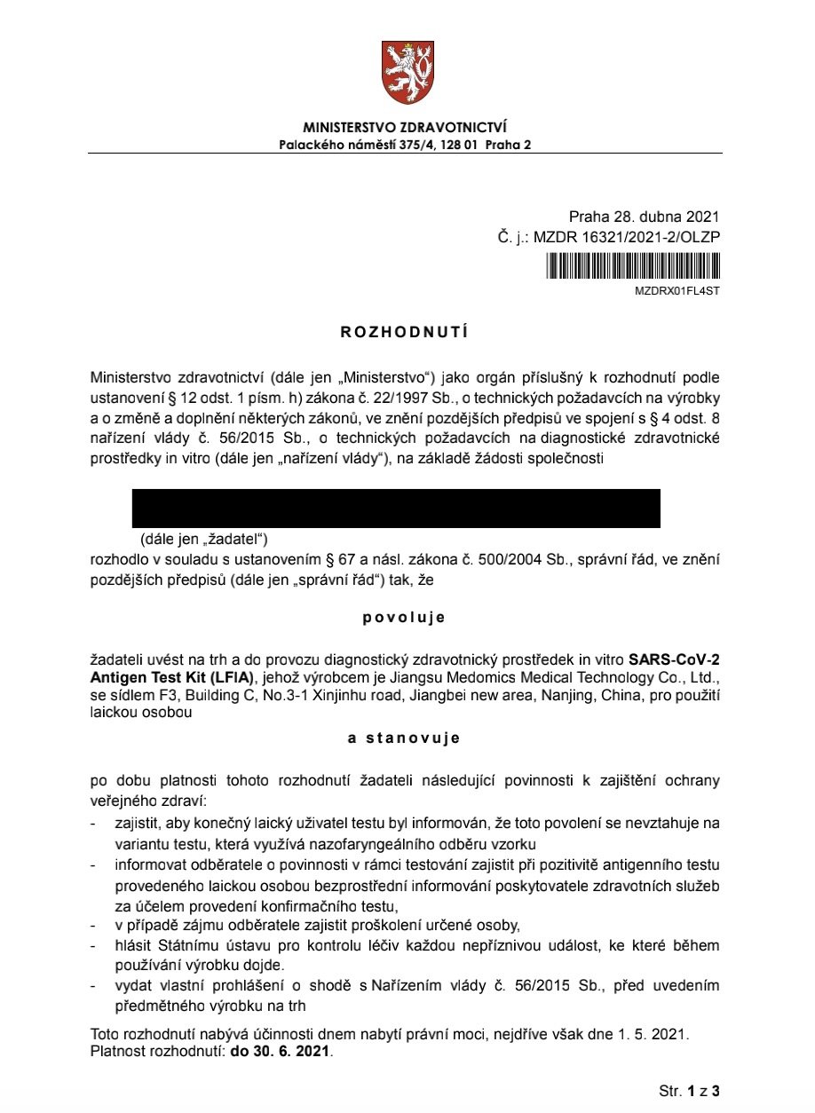 Czech Antigen Self-testing Certificate