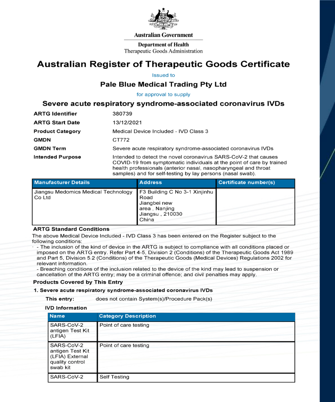 SARS-Cov-2 Antigen Test Kit TGA professional use &self test ARTG Certificate 